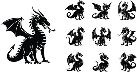 Fototapeta premium Majestic dragon silhouettes powerful mythical creature art collection