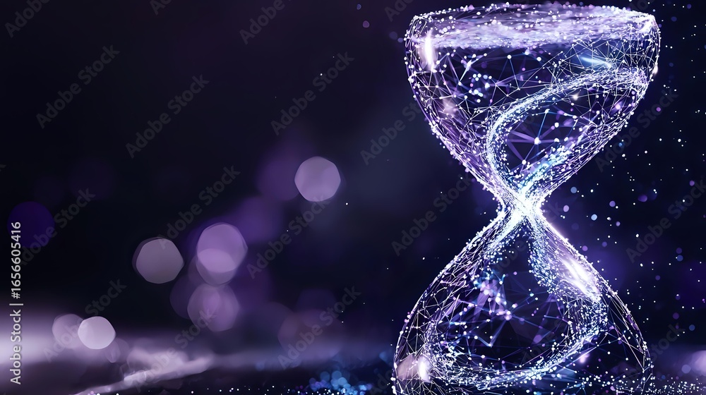 Poster glowing digital hourglass made of connected dots and lines against dark background with bokeh lights