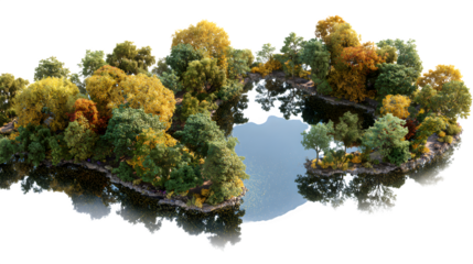 autumn trees surrounding a calm lake aerial view isolated on white background, HD realistic