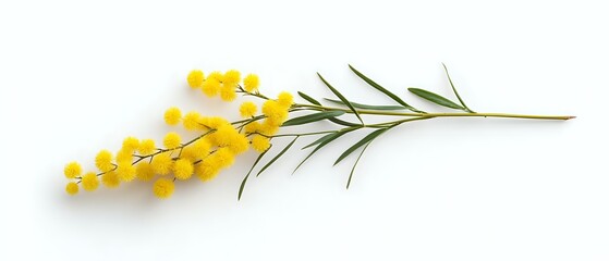 Yellow mimosa branch with green leaves isolated on white background, spring flowering plant symbol of International Women's Day celebration.