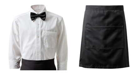 Elegant Waiter Uniform Set with Bow Tie and Black Apron Isolated