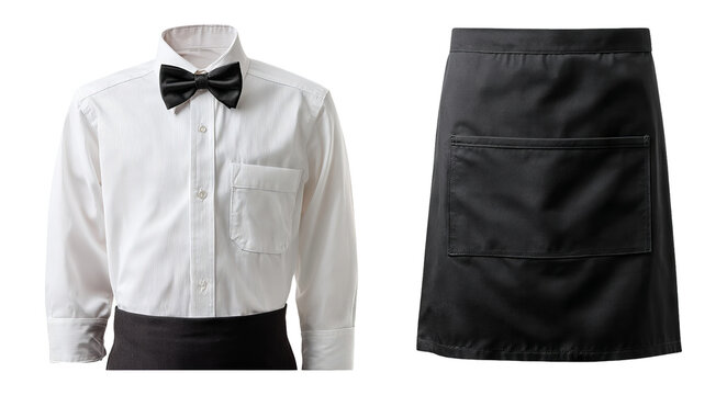 Elegant Waiter Uniform Set with Bow Tie and Black Apron Isolated
