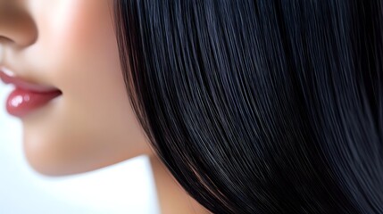 Naklejka premium Close up profile view of Asian woman with glossy black straight hair and red lipstick against white background, beauty and cosmetics concept.