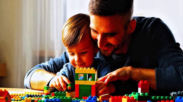Happy father and son playing with constructor blocks together, building a toy house at home. Dad and child enjoying creative educational game for kids development. Family bonding and fatherhood.