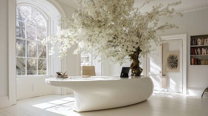 Bright white room with sculptural desk and large flowering tree centerpiece near a large window