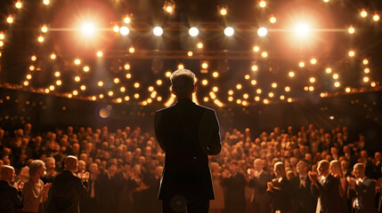 A man stands on a stage in front of a crowd