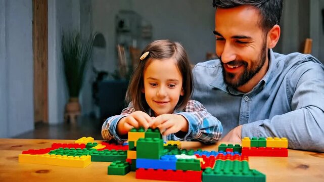 Caring father and daughter playing with constructor blocks at a table in their home. Dad and child building with colorful toys, enjoying educational game. Family bonding and parenthood concept.