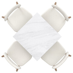 Top view of Modern Dining Set with Square Marble Table and White Chairs