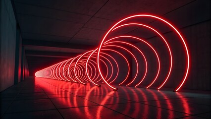 An abstract red tunnel with a spiral pattern of light trails, creating a dynamic vector illustration of a curved motion