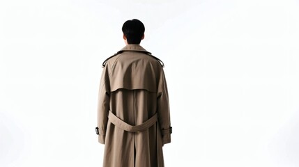 Fototapeta premium portrait of person in long coat standing back view pure white seamless backdrop