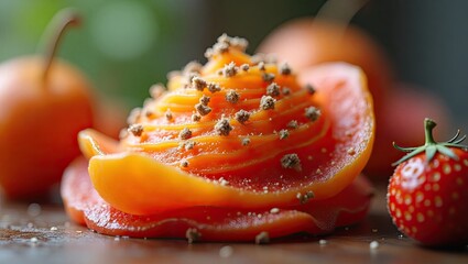 Close-up of orange food creation with sprinkles.