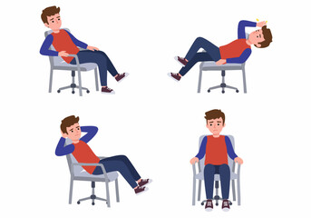 Illustrations of a Young Man Experiencing Discomfort, Headache, and Fatigue While Sitting on an Office Chair.