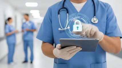 Medical professional with a tablet A glowing padlock hovers symbolizing secure data A hospital hallway background depicts colleagues in scrubs Technology and healthcare - Powered by Adobe