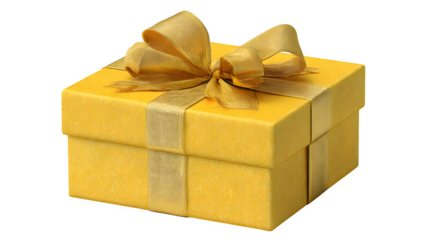 yellow gift box with golden ribbon bow isolated on white background, HD realistic
