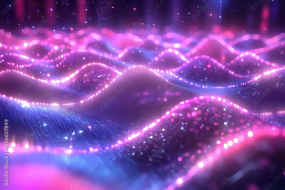 Aufkleber glowing waves of pink and blue light create dynamic abstract background with sparkling particles and