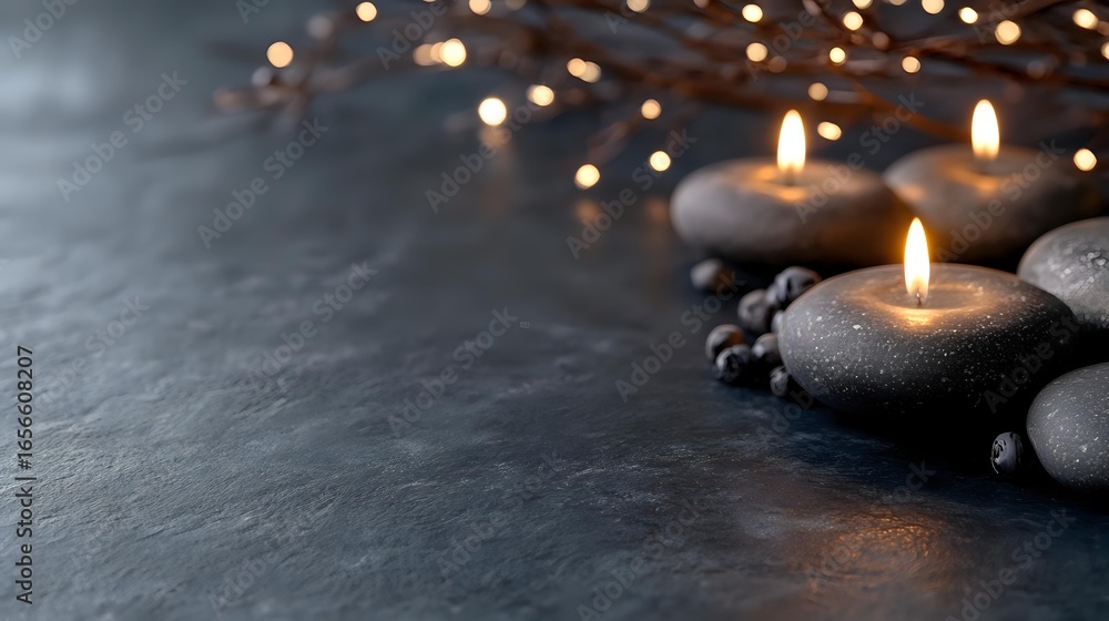 Poster glowing candles in stone holders on dark background with bokeh lights create peaceful spa atmosphere