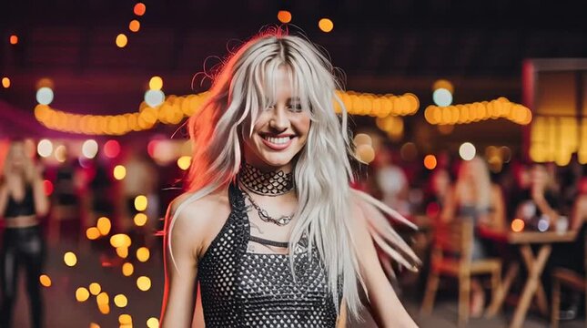 festival girls with rocker glam outfits smiling under neon concert lights, festival girls in edgy fashion posing at night event, witchcore fashion vibe