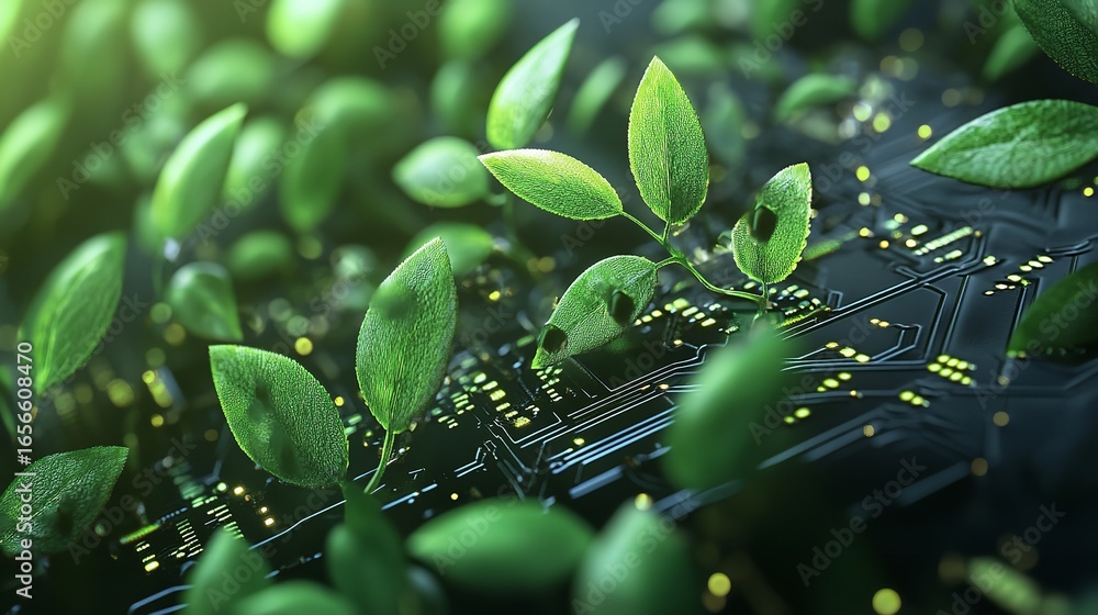 Poster green leaves sprouting from a circuit board representing nature and technology integration concept i