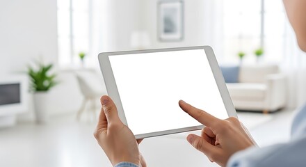 Close-up of hands holding a modern white digital tablet with a blank screen, perfect for showcasing apps, websites, or smart home interfaces in a bright setting.