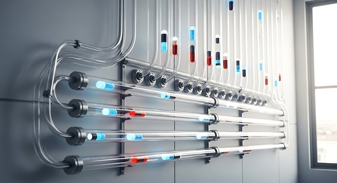 Sophisticated automated system with clear glass tubes and pipes transporting colorful capsules. 