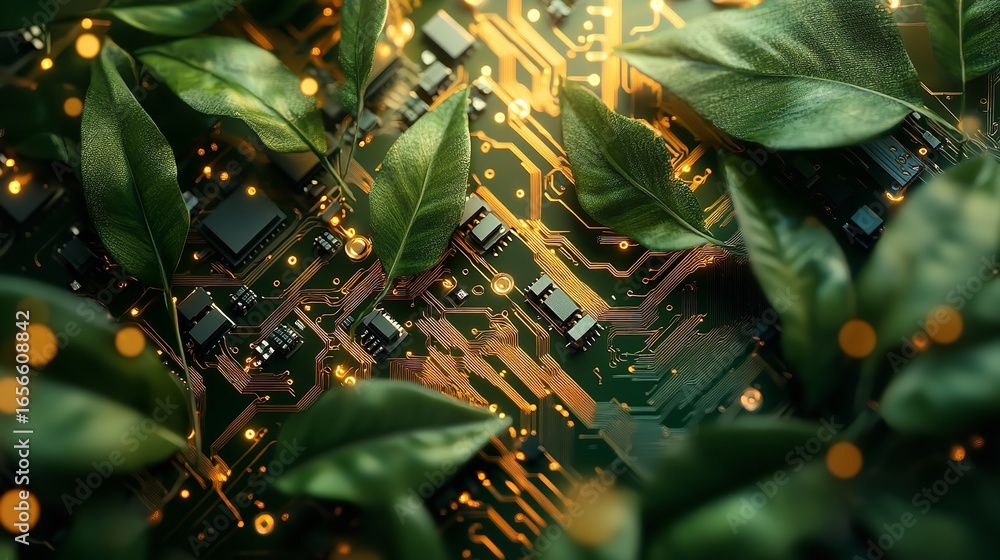 Poster a circuit board with glowing traces and components surrounded by green leaves in a close up view