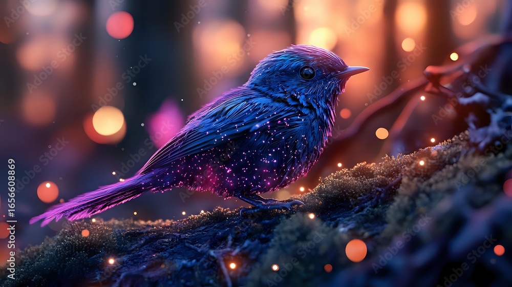 Poster magical blue bird perched on mossy branch at dusk with glowing bokeh lights and sparkles creating dr