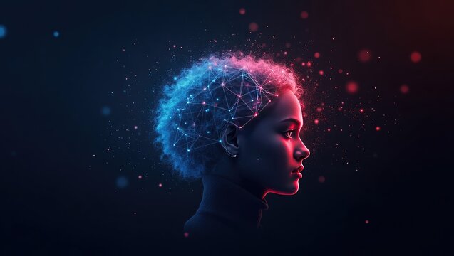 Profile view of a person with a network-like design on their head.