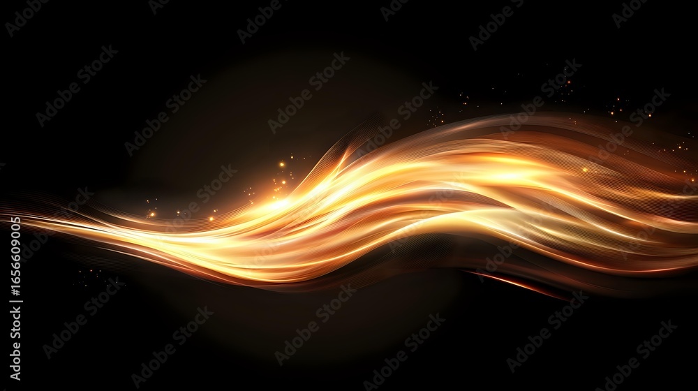 Poster glowing golden wave with luminous streaks flowing on dark background, abstract light effect with shi