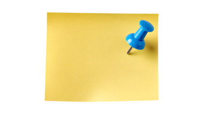 yellow sticky note paper with blue push-pin isolated on white background, HD realistic