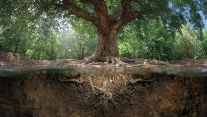 Fototapeta premium Grand tree roots, split view, sunlit canopy