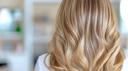 Fototapeta premium Blonde wavy hair with natural highlights and balayage technique shown from behind, demonstrating professional hairstyling and coloring result in salon interior.