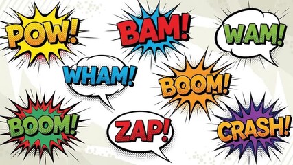 Dynamic Comic Book Action Sound Effects: Pow, Bam, Wham Animation Background for Creative Projects and Visual Storytelling - Powered by Adobe