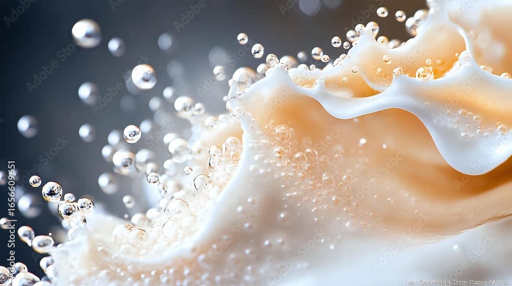 Poster delicate peach and white waves with floating water drops create dynamic motion against dark backgrou