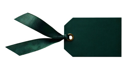 blank tag with dark green ribbon string isolated on white background, HD realistic