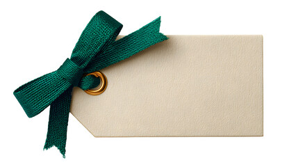 blank tag with dark green ribbon string isolated on white background, HD realistic