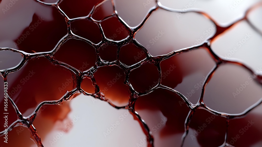 Poster macro shot of metallic mesh structure with dark red background creating abstract geometric pattern. 