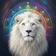 Majestic white lion with sacred geometry aura and rainbow halo