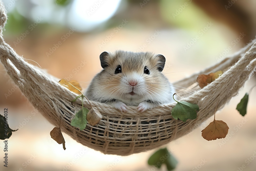Poster adorable dwarf hamster relaxing in tiny rope hammock surrounded by autumn leaves, close-up portrait 