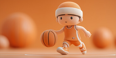 Cute cartoon basketball player dribbling on orange court
