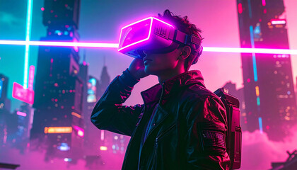 futuristic smartphone mockup with neon cyberpunk background and holographic glow perfect for ui/ux design person wearing virtual reality headset in city