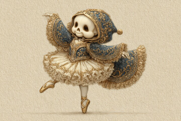 Skeleton dressed in ornate ballet costume performs gracefully, blending elegance with gothic surreal style, creates a haunting yet artistic scene.