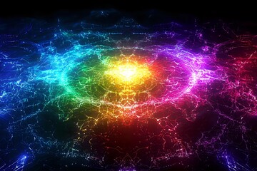 Fototapeta premium Vibrant rainbow energy burst with glowing electric lightning bolts radiating from central light source against dark background, creating dynamic cosmic effect.