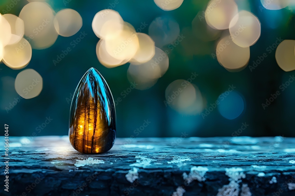Aufkleber glowing amber seed pod on wet surface against dark background with dreamy bokeh lights creating magi