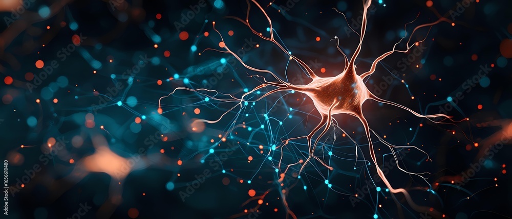 Poster glowing neuron cell with dendrites and axons on dark background with blue and orange particles, scie