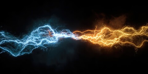 Abstract image of colliding energy forces, blue and orange streaks against black background