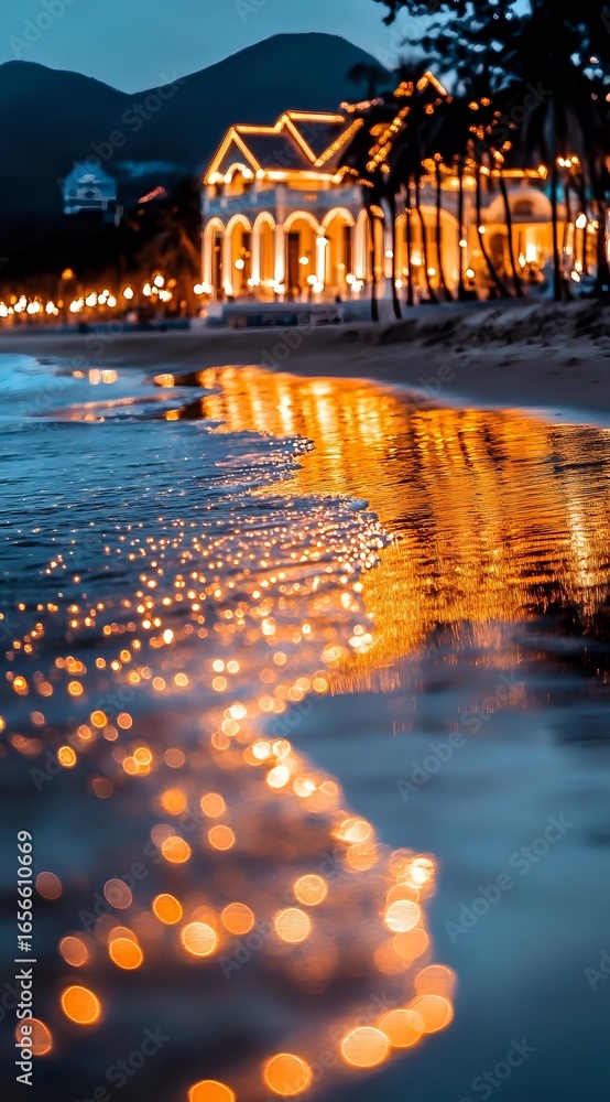 Aufkleber illuminated beachfront resort with warm golden lights reflecting on wet sand at twilight, creating m