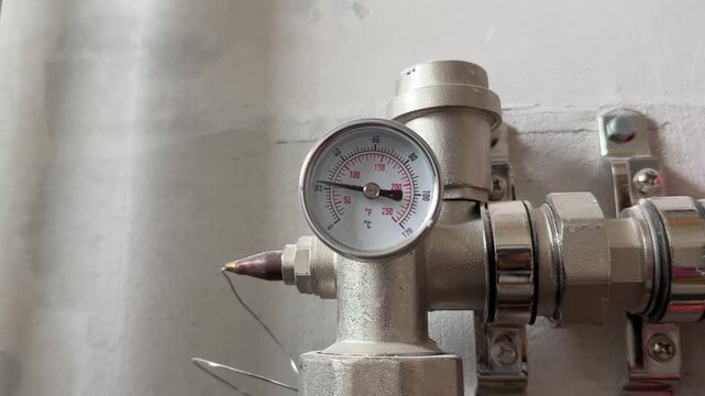 Water underfloor heating. Hinges of the water underfloor heating. Pressure gauge for measuring system pressure