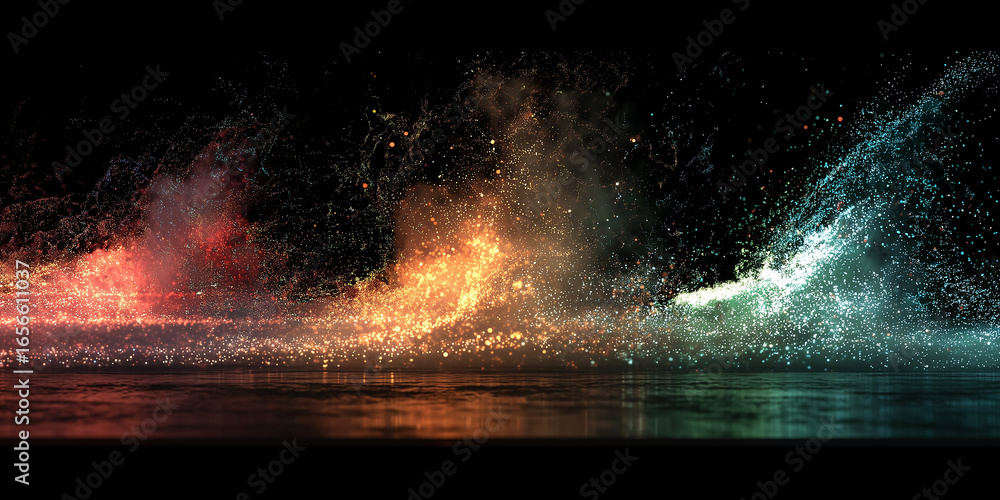 Poster colorful particles exploding and creating a sparkling wave effect