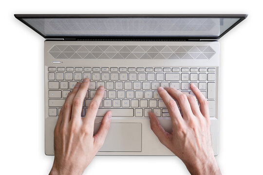 top view of a laptop on transparent background with hands typing on the keyboard - Powered by Adobe