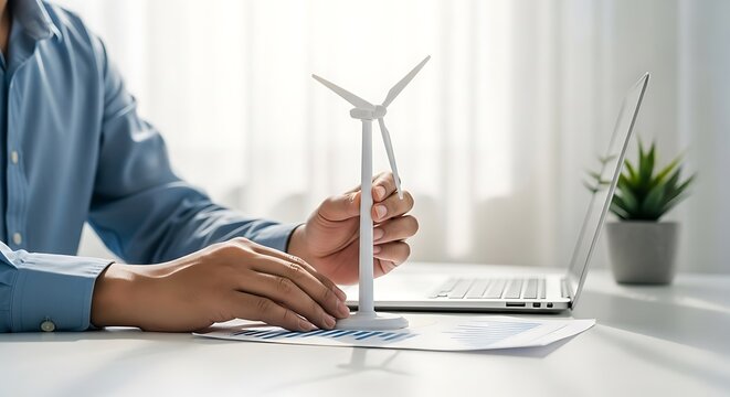 Person holding a wind turbine model at a desk with a laptop and charts, symbolizing renewable energy planning, sustainable business, and green technology investment.